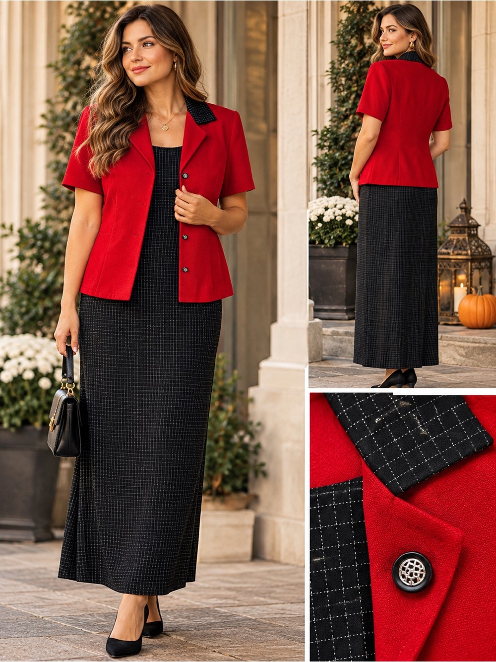 Miss Dorby Red Black Check 2 Piece Dress Jacket Set Size 10 Vintage 90s